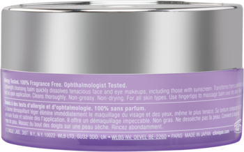 Tył fioletowego słoiczka Clinique Take The Day Off, bezzapachowy balsam do demakijażu, z widocznym opisem działania.