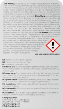 Tył opakowania OH MY WASH! tabletek do pralki. Biała etykieta, ostrzeżenia, skład i czerwony symbol zagrożenia.