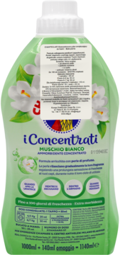 Tył zielonej butelki CHANTCLAIR Muschio Bianco. Skoncentrowany płyn do płukania 1140 ml, do 100 dni świeżości.