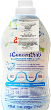 Tył białej butelki skoncentrowanego płynu iConcentrati Sali Marini e Fior di Loto, obietnica 100 dni świeżości.