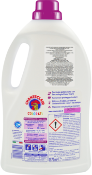Chanteclair płyn do prania KOLOR, tył białej butelki 1575ml z purpurową nakrętką, informacjami o ochronie koloru.