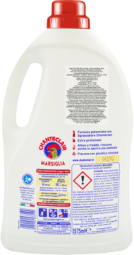 Chanteclair Płyn do prania Marsylia, tył białej butelki 1575ml z czerwoną nakrętką, etykieta ze składem i cechami.