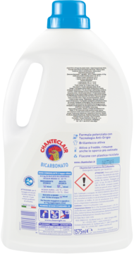 Biała butelka Chanteclair Płyn do prania Bicarbonato, tył z etykietą, opis technologii przeciw szarzeniu i aktywny blask.
