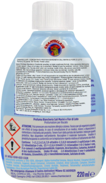 Tył butelki Chanteclair Profuma Biancheria 220ml, sole morskie i lotos, z etykietą i symbolami ostrzegawczymi.