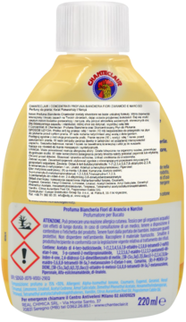 Tył żółtej butelki Chanteclair Profuma Biancheria Kwiat Pomarańczy i Narcyz, etykiety ostrzegawcze.