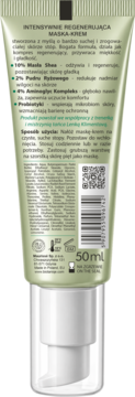 Maska-krem do stóp intensywnie regenerująca w zielonej tubce 50ml, tył z listą składników: masło Shea, probiotyki.