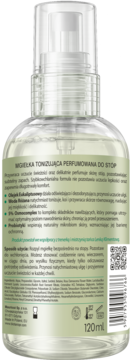 Tył butelki mgiełki perfumowanej do stóp z eukaliptusem i różą, zielona etykieta, 120ml.