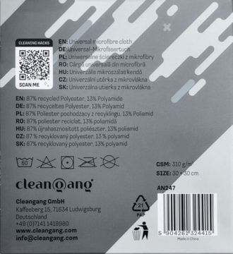 Tył opakowania ściereczki z mikrofibry Clean@ang 30x30 cm, z kodem QR, składem 87% recyklingu i instrukcjami.