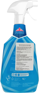 Tył butelki wegańskiego płynu do czyszczenia okien, szyb i luster, z etykietą, paski. Citrus Eucalyptus.