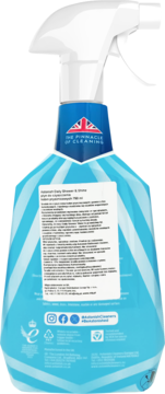 Tył niebieskiej butelki Sedgwick Daily Shower & Shine, płynu do czyszczenia łazienek, z etykietą i tekstem.