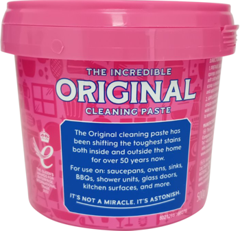Różowa puszka Original Cleaning Paste, widok z przodu, usuwa trudne plamy z wielu powierzchni.