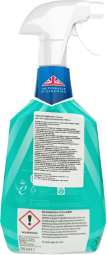 Astonish Bathroom Cleaner, tył turkusowej butelki ze spryskiwaczem, z etykietą, ostrzeżeniami i opisem składników.