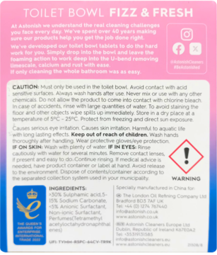 Tył opakowania tabletek TOILET BOWL FIZZ & FRESH, różowo-białe, z ostrzeżeniami i listą składników.
