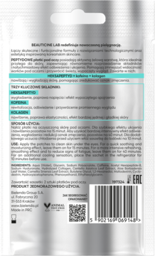 Tył srebrnej saszetki BEAUTICINE LAB, peptydowe płatki pod oczy, instrukcje, składniki, barcode.