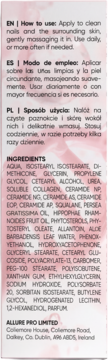 Tył opakowania kosmetyku Allure Pro Limited. Widoczne instrukcje użycia w EN, ES, PL oraz lista składników.