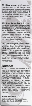 Tył opakowania preparatu do skórek Allure Pro z instrukcją użycia i listą składników w trzech językach.