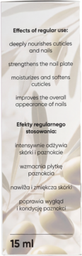 Tył opakowania oliwki do skórek i paznokci 15 ml z listą efektów, na tle oliwek.