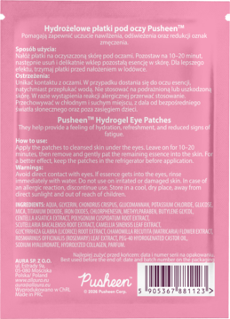 Tył różowej saszetki Hydrożelowych płatków pod oczy Pusheen™ z instrukcją, składem i logo.