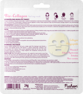 Tył białego opakowania maseczki Pusheen Bio-Collagen Real Deep Mask z opisem składników, tekstem PL/ENG i ilustracją.