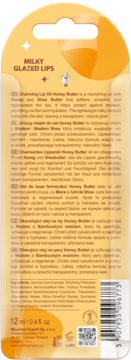 Tył pomarańczowo-złotego opakowania balsamu MILKY GLAZED LIPS Honey Butter, z opisem multi-języcznym i składem.
