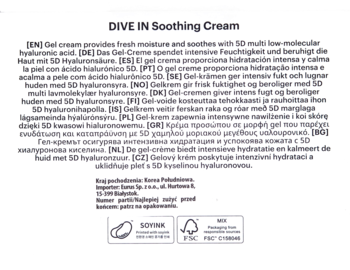 Tył opakowania kojąco-nawilżającego kremu DIVE IN Soothing Cream, z wielojęzycznym opisem składników i ikonami.