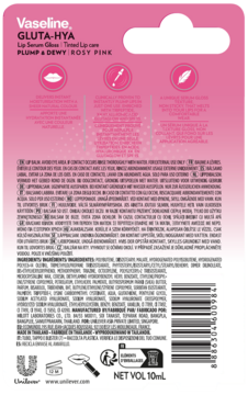 Tył opakowania Vaseline Gluta-Hya Lip Serum Gloss Rosy Pink, z opisem produktu, składnikami i kodem kreskowym.