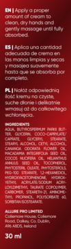 Tył czerwonego opakowania kremu do rąk 30 ml, z instrukcjami użycia i pełną listą składników.