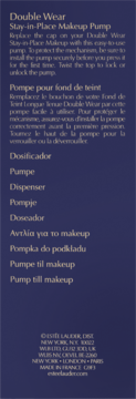Etykieta Estée Lauder Double Wear, pompka do makijażu, instrukcja użycia i nazwy produktu w wielu językach.