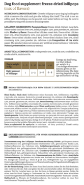Etykieta suplementu dla psa: liofilizowane lizaki Dr Malou, mix smaków, z tabelą dawkowania i składem.