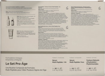 Tył beżowego opakowania zestawu Le Set Pro-Âge, z listą składników i opisem produktów przeciwstarzeniowych.