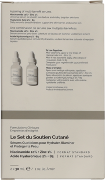 Bok opakowania Le Set du Soutien Cutané, zestawu serum z Niacinamide i Kwasem Hialuronowym.