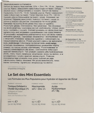 Białe opakowanie zestawu „Le Set des Mini Essentiels” z Tonique, Niacinamide i Acide Hyaluronique, widok z góry.