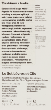 Zestaw The Ordinary Le Set Lèvres et Cils: serum do rzęs i brwi oraz balsam do ust. Widok z góry na ulotkę.