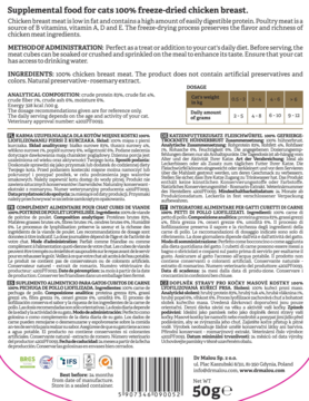 Dr Malou liofilizowane kostki kurczaka dla kota, przysmak 50g w białej torebce, widok z przodu.