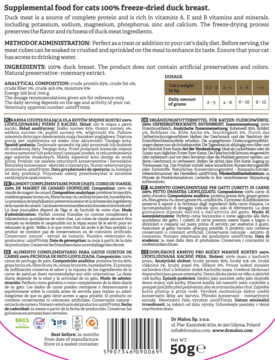 Dr Malou liofilizowana pierś z kaczki dla kota, tył opakowania z tabelami składników odżywczych.