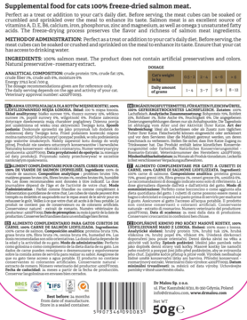 Tył opakowania przysmaków Dr Malou dla kotów, liofilizowany łosoś 50g, z tabelą dawkowania i opisem składu.