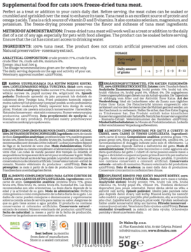 Front białego opakowania liofilizowanego tuńczyka Dr Malou dla kota 50g, z tekstem i zdjęciem kostek mięsa.