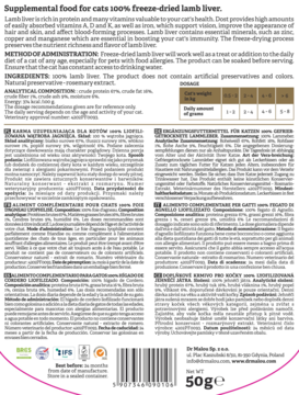 Tył opakowania przysmaku Dr Malou: liofilizowana wątroba jagnięca dla kota, z informacjami i kodem kreskowym.