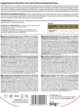 Białe opakowanie liofilizowanej wątroby wołowej dla kota Dr Malou 50g, widok z przodu z etykietami.