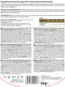 Tył opakowania przysmaków Dr Malou z liofilizowaną piersią kurczaka dla psa, 50g, wielojęzyczny opis.