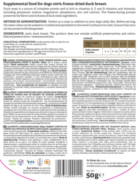 Liofilizowane kostki z kaczki 50g Dr Malou dla psa. Białe opakowanie z różowym dołem, widok z przodu.