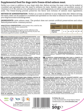 Tył opakowania liofilizowanych przysmaków dla psów Dr Malou z łososia, białe tło, opisy produktu w wielu językach.