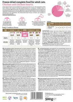 Tył opakowania karmy dla dorosłych kotów Dr Malou, liofilizowany kurczak z sercami 500g, skład i pie chart.