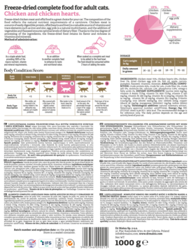 Tył opakowania karmy Dr Malou, liofilizowany kurczak z sercami, 1000g, ze szczegółowymi informacjami o składzie.