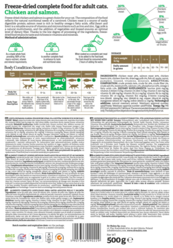 Tył opakowania liofilizowanej karmy Dr Malou Kurczak z łososiem, z tabelami żywieniowymi i składem.