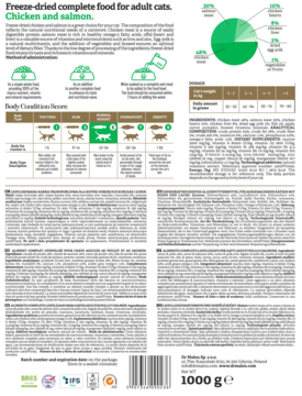 Tył opakowania liofilizowanej karmy Dr Malou Kurczak z łososiem 1kg. Detale: skład, dawkowanie, analiza odżywcza.