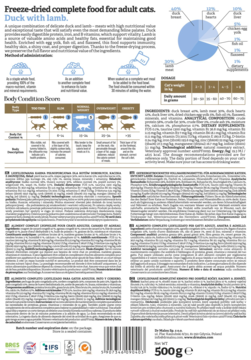 Front opakowania liofilizowanej karmy Dr Malou Kaczka z jagnięciną 500g, z wykresem składu i dawkami.