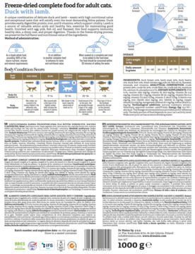 Front opakowania karmy liofilizowanej Dr Malou Kaczka z Jagnięciną, 1kg, z grafiką kota i danymi odżywczymi.