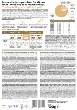 Tył opakowania liofilizowanej karmy dla kociąt Dr Malou z kurczakiem, mlekiem kozim i żółtkiem, 500g, z tekstem.