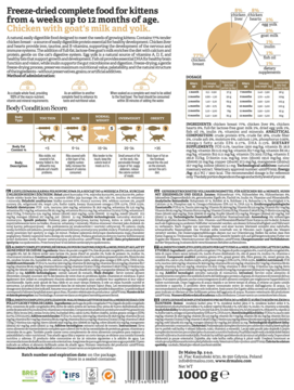 Tył opakowania liofilizowanej karmy Dr Malou Kurczak z mlekiem kozim dla kociąt, 1000g, z tabelami.